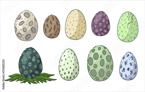 Cartoon set with dinosaur or dragon eggs. Flat children s illustration of fossils. Vector isolated drawing. Colorful reptile eggs.