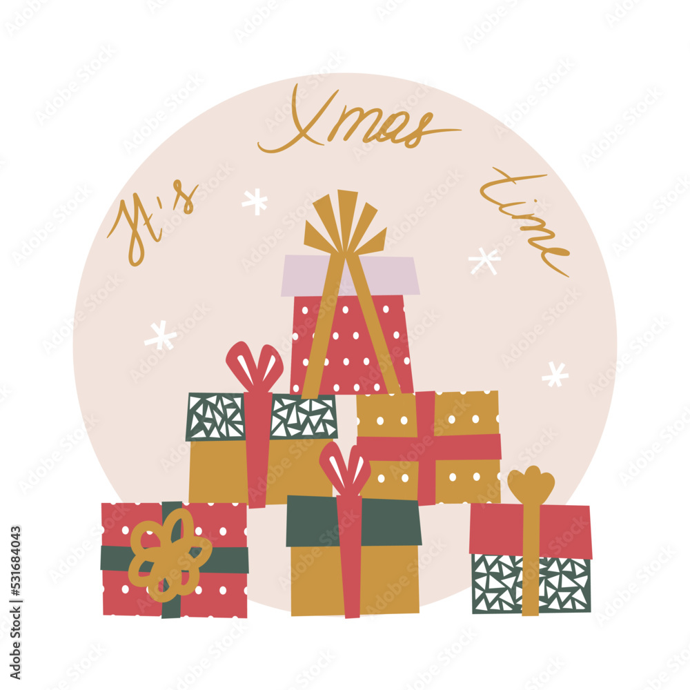 Gifts stacked in a Christmas tree. Vector illustration with text It's Christmas time. Card