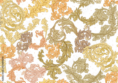Decorative flowers and leaves in art nouveau style, vintage, old, baroque style. Seamless pattern, background. Vector illustration.
