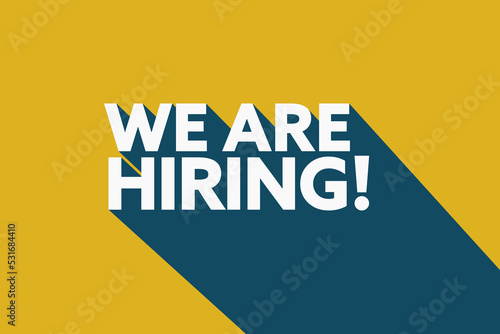 Business vector illustration contains text We are hiring with a long shadow. Hiring promotion, recruiting, job offer, or employee vacancy announcement concept banner