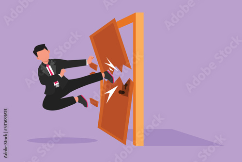 Character flat drawing of young businessman kicks the door with flying kick until door shattered. Man kicking locked door. Business metaphor of overcoming obstacles. Cartoon design vector illustration
