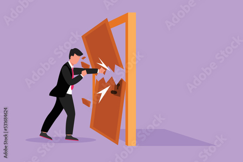 Cartoon flat style drawing businessman punching and destroying door. Depicts eliminating barrier of entries, overcome challenges, destroy obstacles with power force. Graphic design vector illustration