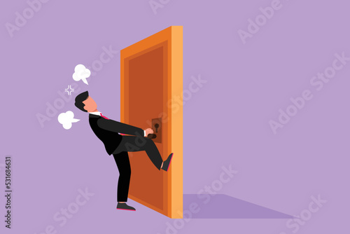 Character flat drawing businessman pulling closed door knob with power. Business struggles metaphor. Strength for success in market competition. Opening closed door. Cartoon design vector illustration