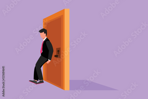 Graphic flat design drawing young businessman pushing door with his back. Business struggles metaphor. Strength for success. Business concept of overcoming obstacles. Cartoon style vector illustration