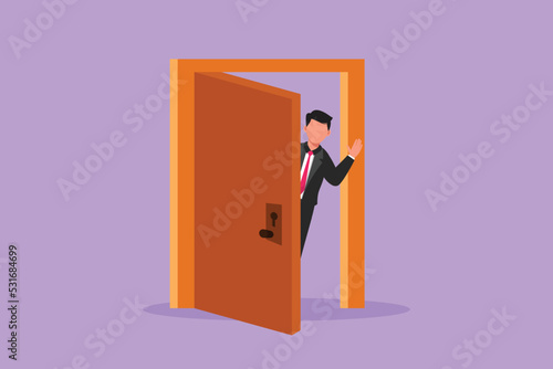 Character flat drawing businessman looking from behind open door. Happy man peeking of door and wave hands. Cheerful male standing in doorway. Waiting guest to come. Cartoon design vector illustration