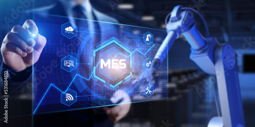 MES Manufacturing execution system. Business industrial technology concept. Cobot 3d render.