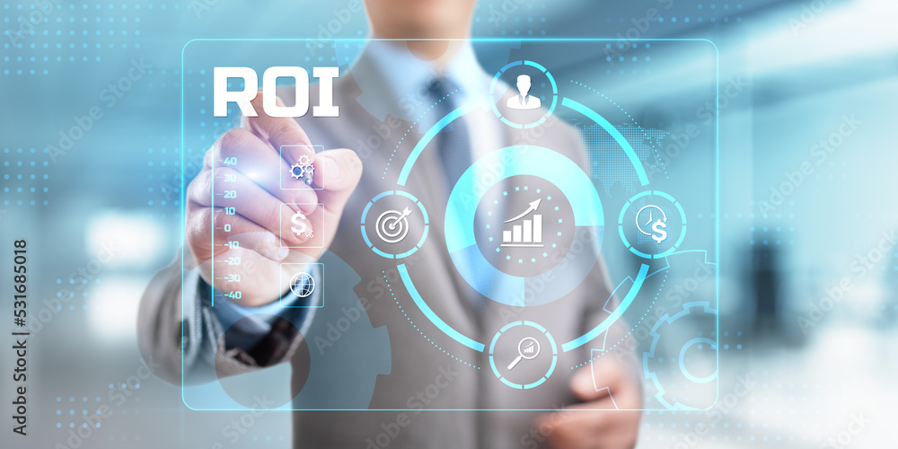 ROI Return on investment financial technology trading business and finance concept. ROI Return on investment financial technology trading business and finance concept.