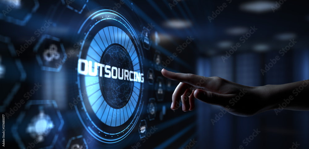 Fototapeta premium Outsourcing HR Global Recruitment Business finance concept. Hand pressing button on screen.