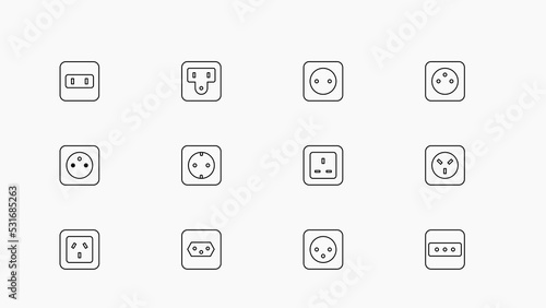 Power socket icon set. Country type electric socket illustration. Linear power socket type vector icon set