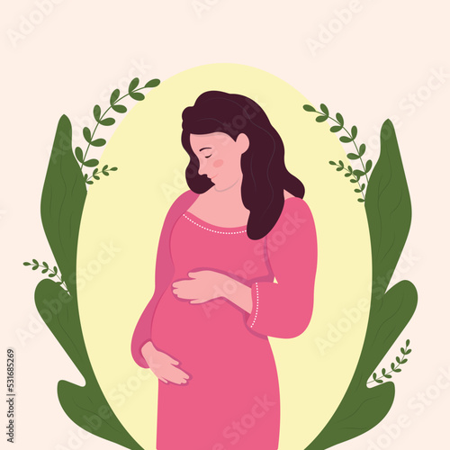 Childbirth and parenthood concept. The expectant mother hugs her stomach with her hands. Modern banner about happy pregnancy and motherhood. Vector illustration.
