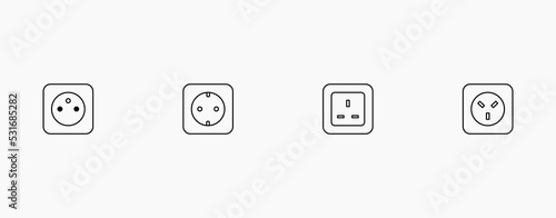 Power socket icon set. E, F, G, and H power socket types line icon set for charge