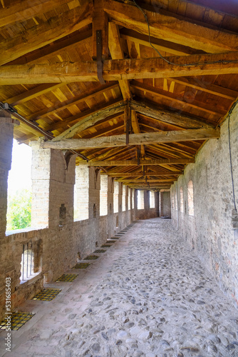 The terrace of the roof of the Castle, Castello of Montechiarugolo, Parma, Italy with a view. Building of the castle