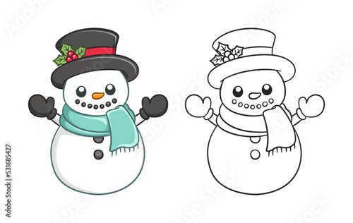 Cute snow man wearing a top hat with mistletoe and scarf outline and colored doodle cartoon illustration set. Winter Christmas theme coloring book page activity for kids and adults.