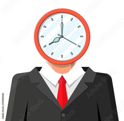 Clock on businessman head. Clock face.