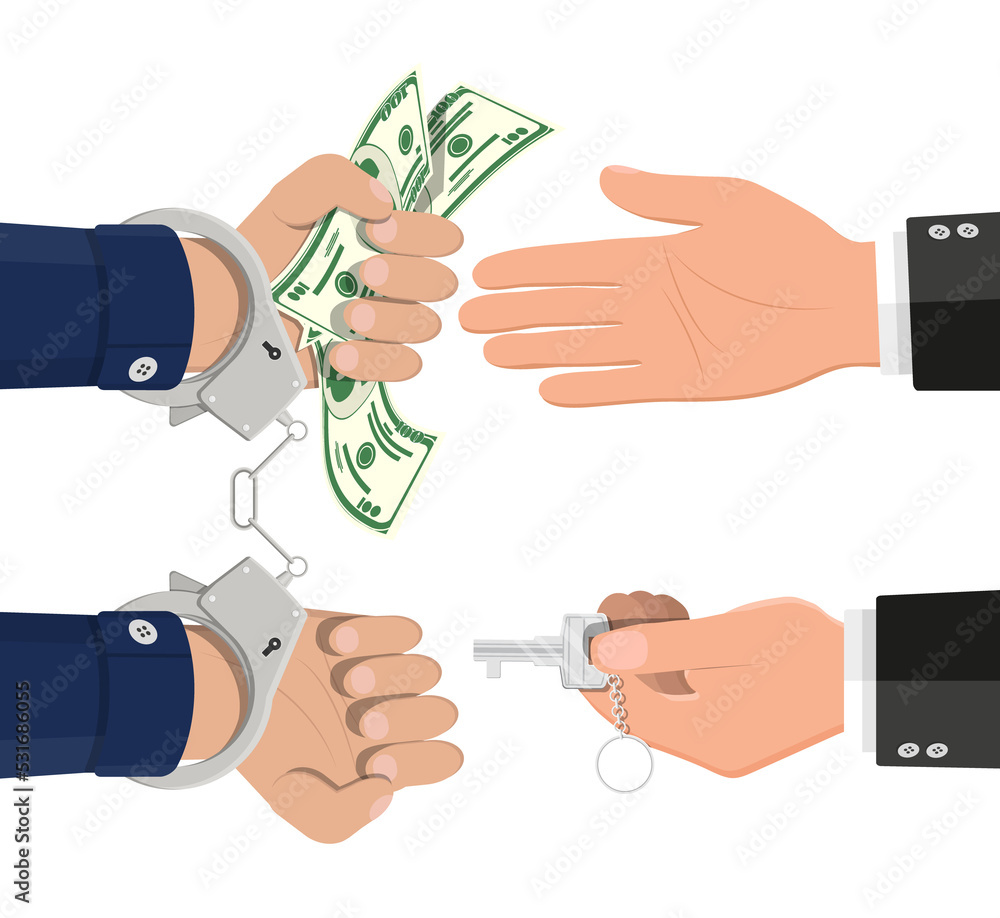 Hand with key unlocking handcuffs for money. Hand with key unlocking handcuffs for money.
