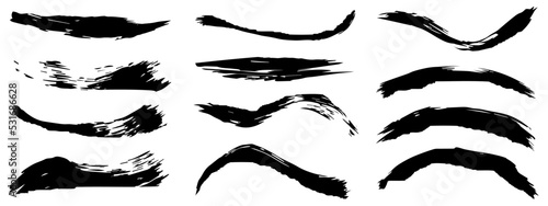 Vector collection of artistic grungy black paint hand made creative brush stroke set isolated on banner background. A group of abstract grunge sketches for design education or graphic art decoration