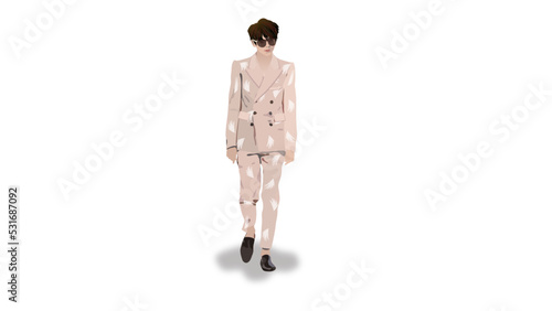 a young asian person wear a beige suit with white feather pattern, brown sunglasses , black leather shoes, realistic minimalist illustration vector © libera caballo