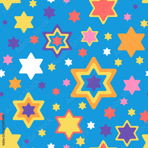 Star of David seamless pattern in bright colours on blue background Vector illustration for Hanukkah holiday  wrapping paper  textile  fabric and packaging decoration