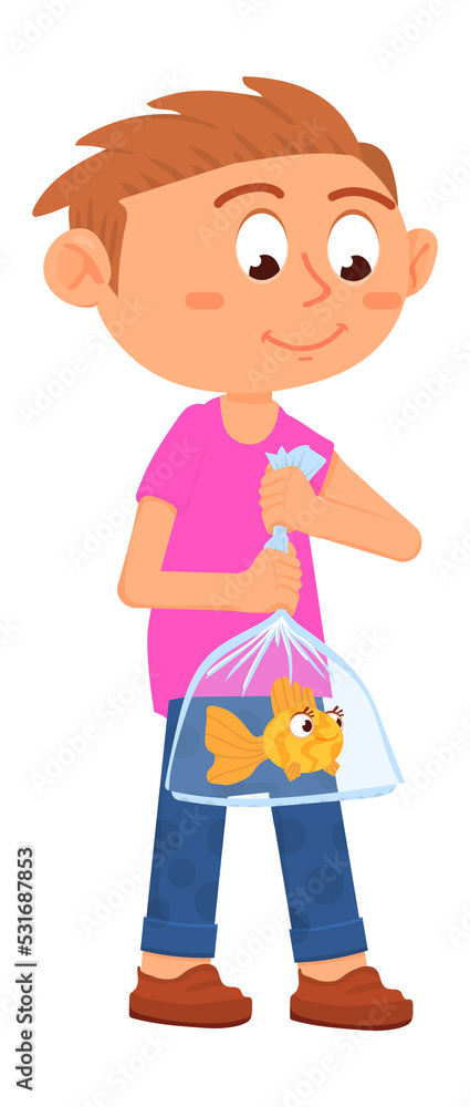 Boy holding fish in plastic bag. Kid carrying goldfish Boy holding fish in plastic bag. Kid carrying goldfish