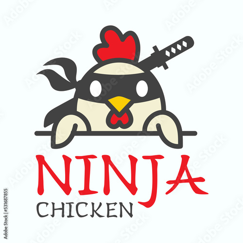 Ninja chicken cute funny cartoon logo. Creative character mascot for ninjutsu school.