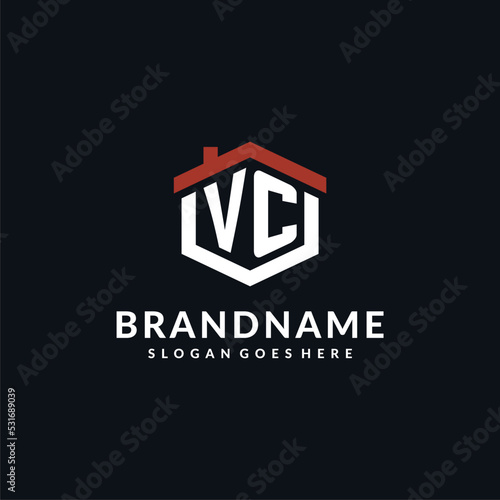 Initial letter VC logo with home roof hexagon shape design ideas