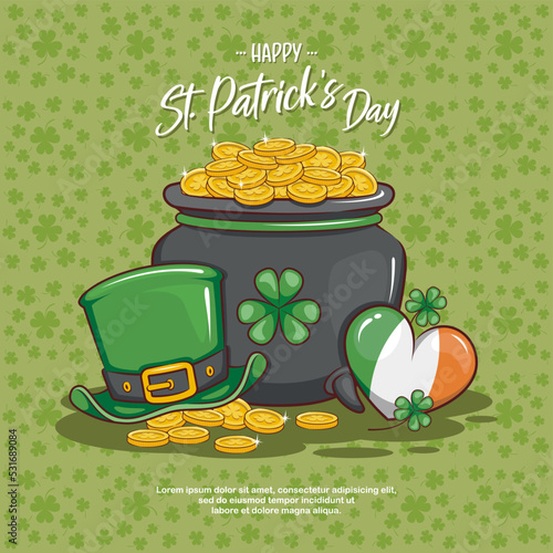 Saint Patricks Day Card With Treasure Of Leprechaun, Pot Full Golden Coins, Green Hat, Shamrock, And Ireland Heart. Cartoon Illustration