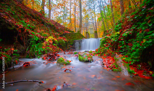 Sevenlakes (Yedigöller) National Park, the most beautiful colors of autumn, the waterfall was brought to light with the long exposure technique. photo