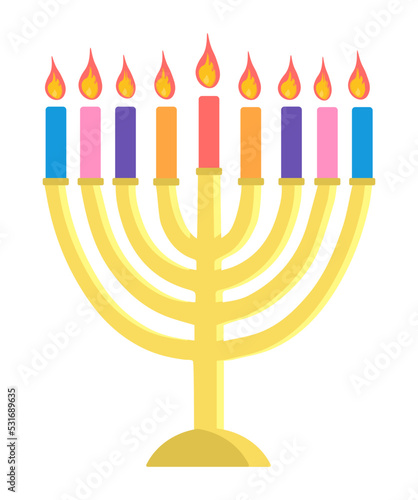 Hunukkah menorah icon vector illustration isolated on white background Golden menora sticker with 7 bright colorful short thick candles. Vector illustration in flat style 