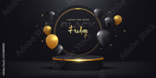 Black friday sale with 3d realistic cylinder pedestal podium and flying glossy balloons in dark background