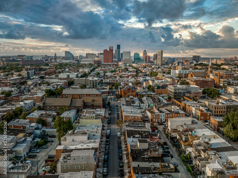 Aerial view of high rise office buildings in downtown Baltimore and the