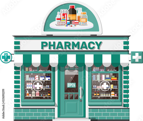 Facade pharmacy or drugstore with signboard