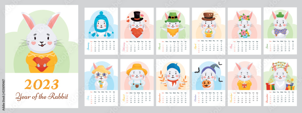 Template 2023 calendar cover cute rabbit. Cover and 12 months vector printable template. Bunny in hats in seasonal. 
