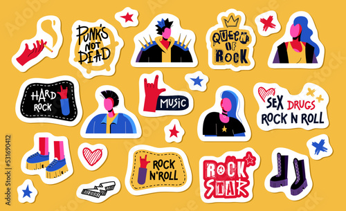 A set of stickers : rock punks, Mohawks, hard rock, rock and roll and anarchy. Horns, that rocks