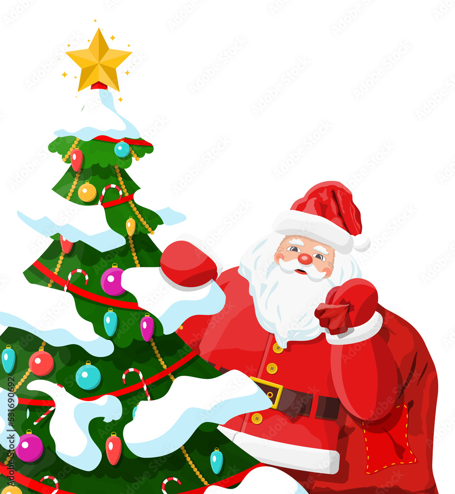 Funny santa claus character and christmas tree Funny santa claus character and christmas tree