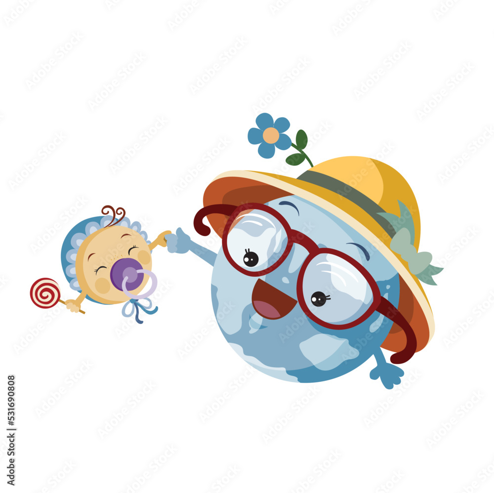 Obraz premium the planet in panama with a blue flower holds the moon by the hand, which sucks a pacifier and is dressed in a bonnet, cartoon illustration, isolated object on a white background, vector,