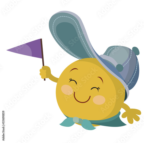 little planet pluto in a big blue cap and with a flag in his hands, cartoon illustration, isolated object on a white background, vector,