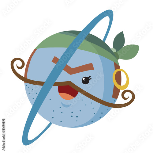 planet uranus as a pirate with one eye bandaged with a mustache and with an earring in his ear, cartoon illustration, isolated object on a white background, vector,