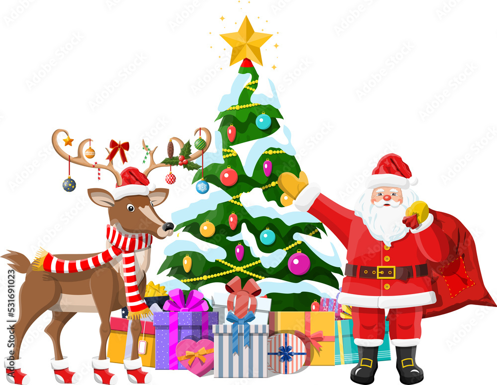 Santa claus, his reindeer and christmas tree Santa claus, his reindeer and christmas tree