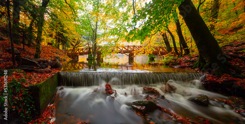 Sevenlakes (Yedigöller) National Park, the most beautiful colors of autumn, the waterfall was brought to light with the long exposure technique. photo