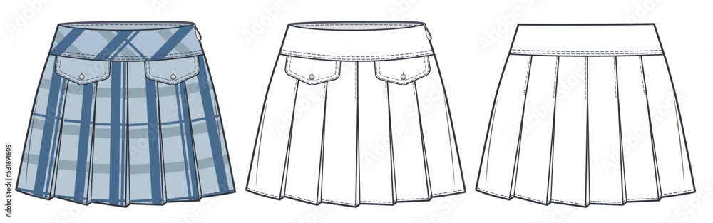 Vettoriale Stock Pleated Skirt technical fashion illustration, Plaid Skirt  design. Mini Skirt fashion flat drawing template, pleated, pockets, side  zip up, front, back view, white, blue, CAD mockup set. | Adobe Stock