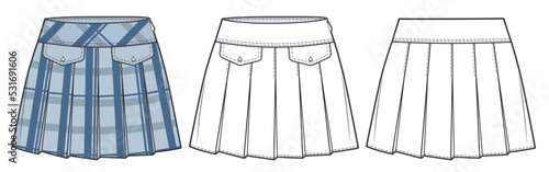 Pleated Skirt technical fashion illustration, Plaid Skirt design. Mini Skirt fashion flat drawing template, pleated, pockets, side zip up, front, back view, white, blue, CAD mockup set.