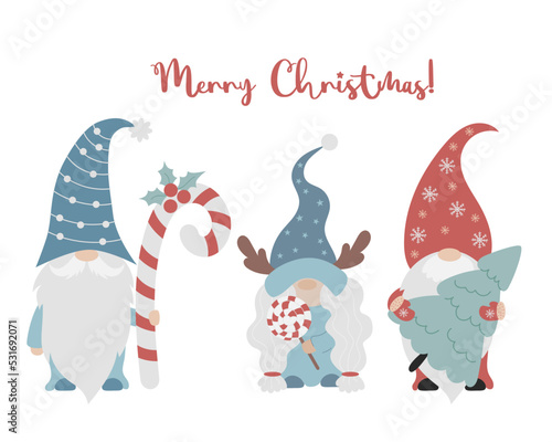 Christmas card family of gnomes. Cute scandinavian gnome girl with lollipop, New year gnome man with Christmas tree and caramel stick. Vector illustration. Characters for holiday decor and cards