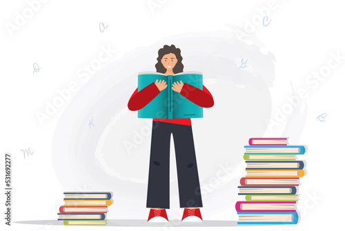 Happy young girl, woman holding book in her hands, reading books, education concept, home library concept, reading is power concept, flat vector illustration