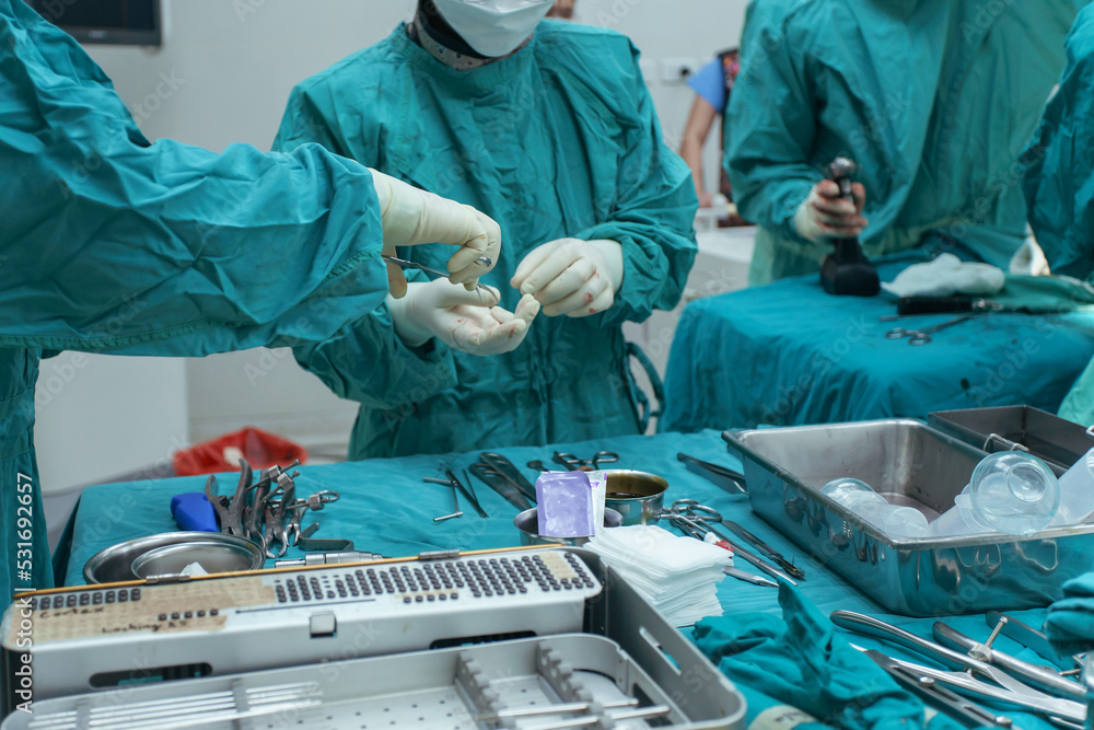 Team surgeon assistant preparing medical surgery instruments to
