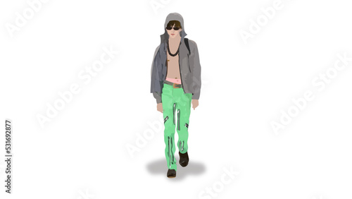 A stylish young man stands in brown sunglasses, gray sportswear with a hood, green pants with many zipper decorations, black sneakers, realistic minimalist illustration vector