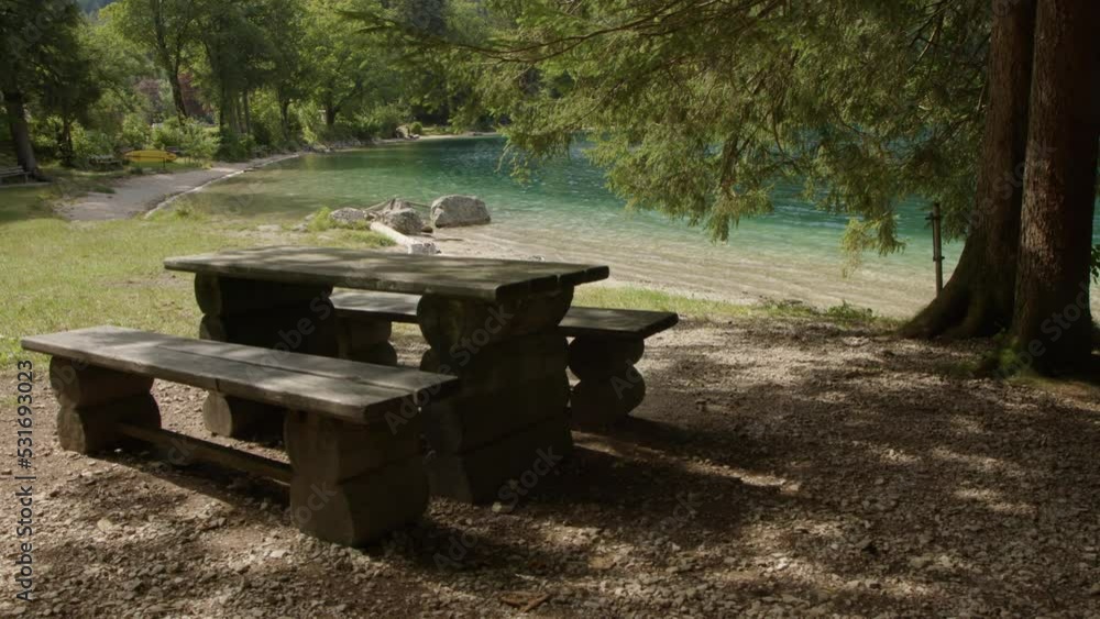 wooden seating group at beautiful lake wooden seating group at beautiful lake