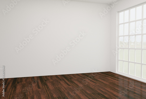 Empty light interior. Simple room with a large window. White wall with dark wood laminate flooring. 3d rendering