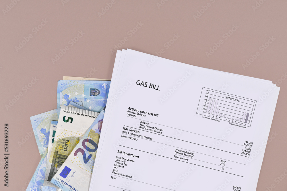 Gas bill document with euro bills Gas bill document with euro bills