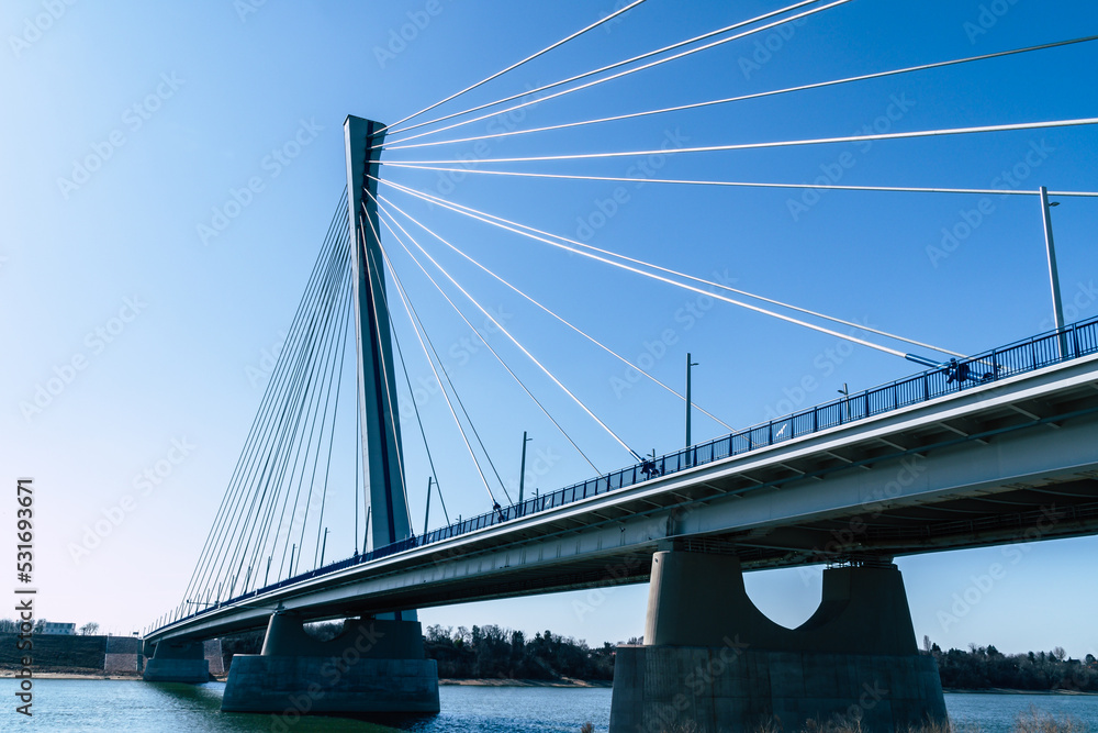 Naklejka premium the new bridge Monostor between Slovakia and Hungary, Komarom and Komarno in daylight