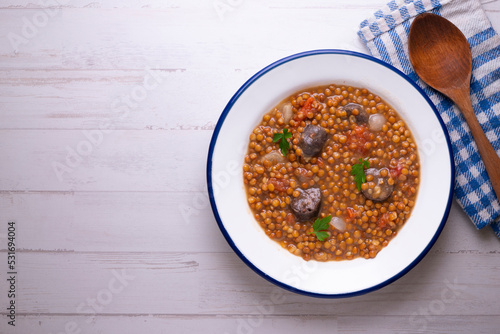 Lentils with chorizo ​​and black blood sausage. Typical Spanish recipe north of Spain.